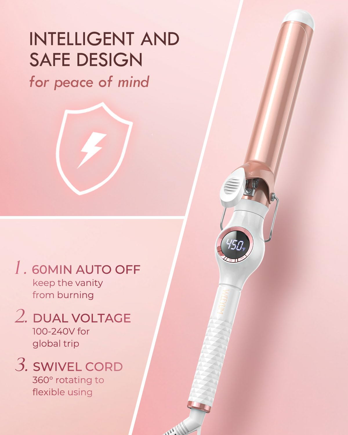 WEEYUM curling iron in lifestyle setting with styled hair