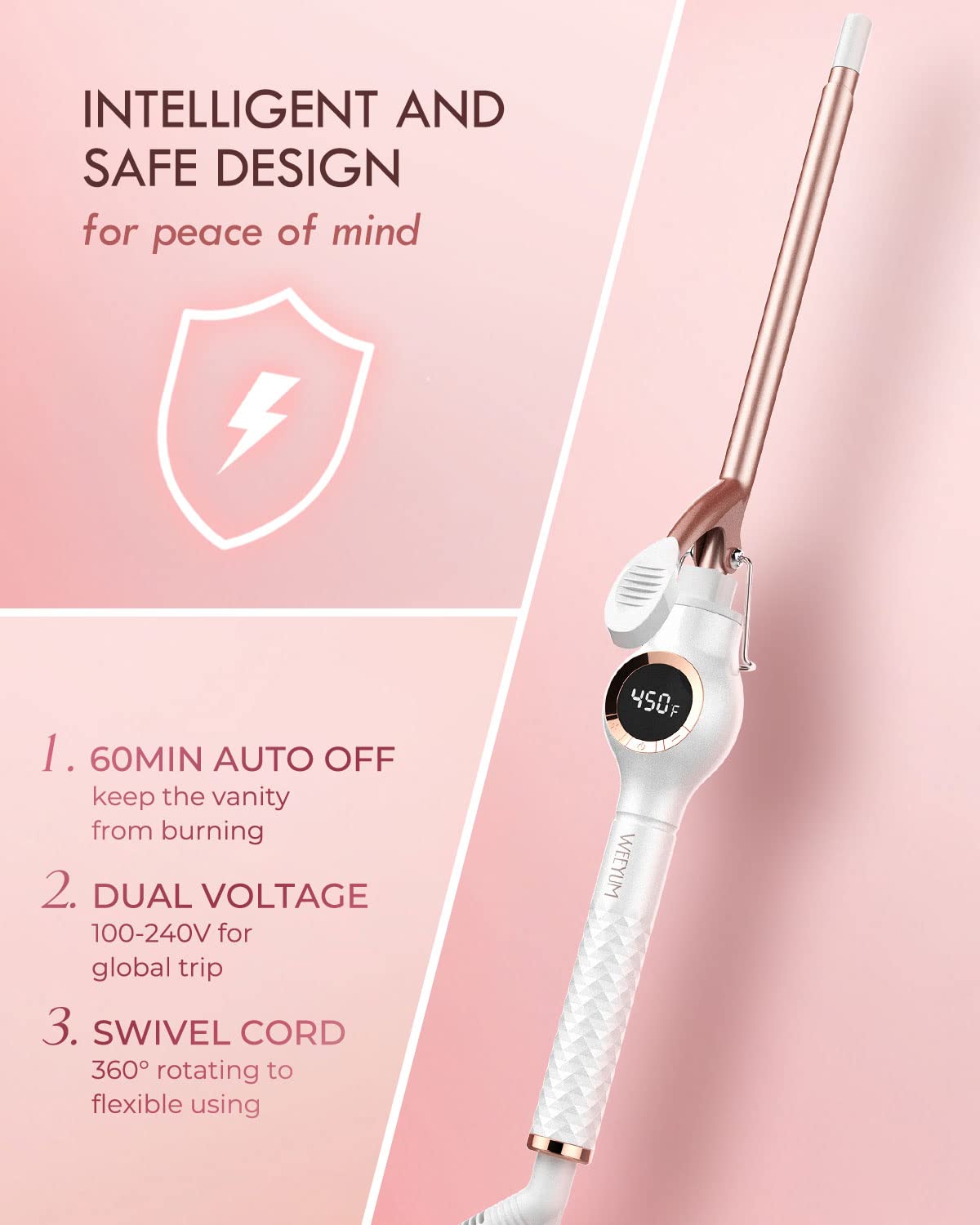 WEEYUM curling iron with 360-degree rotating power cord