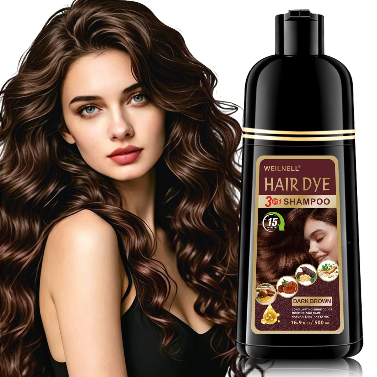 WEILNELL Dark Brown Hair Dye Shampoo front view with packaging