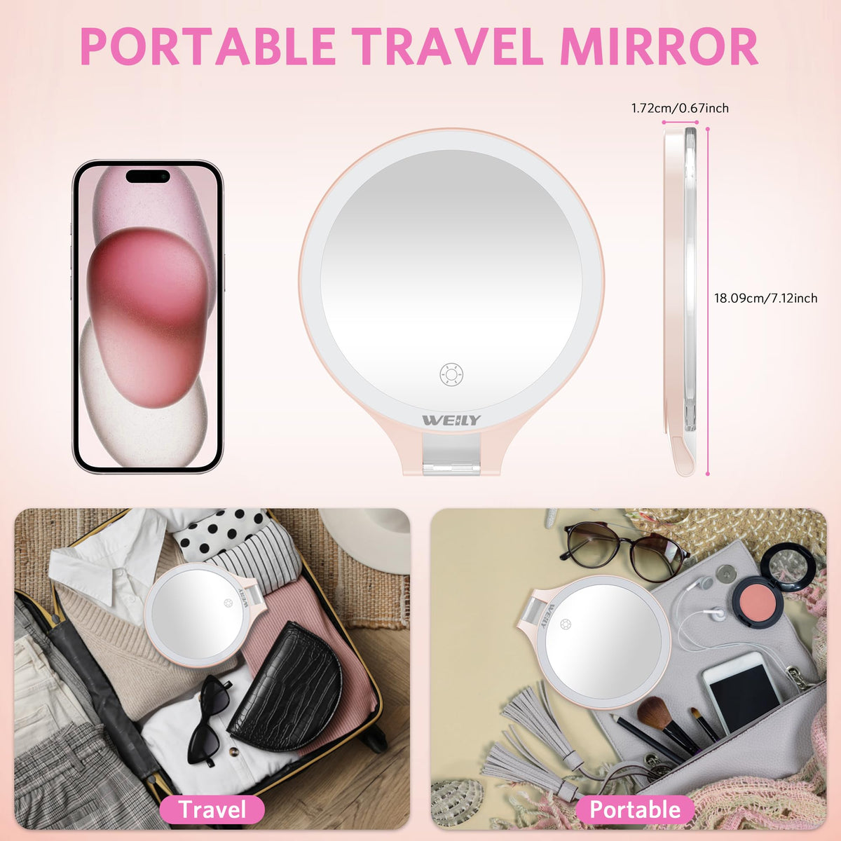 WEILY 10X/1X Magnifying Makeup Mirror in a travel bag