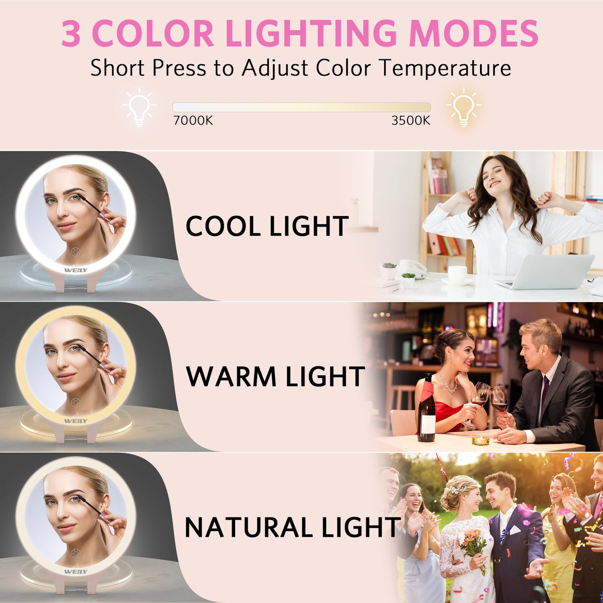 WEILY Magnifying Makeup Mirror with light showing three light modes