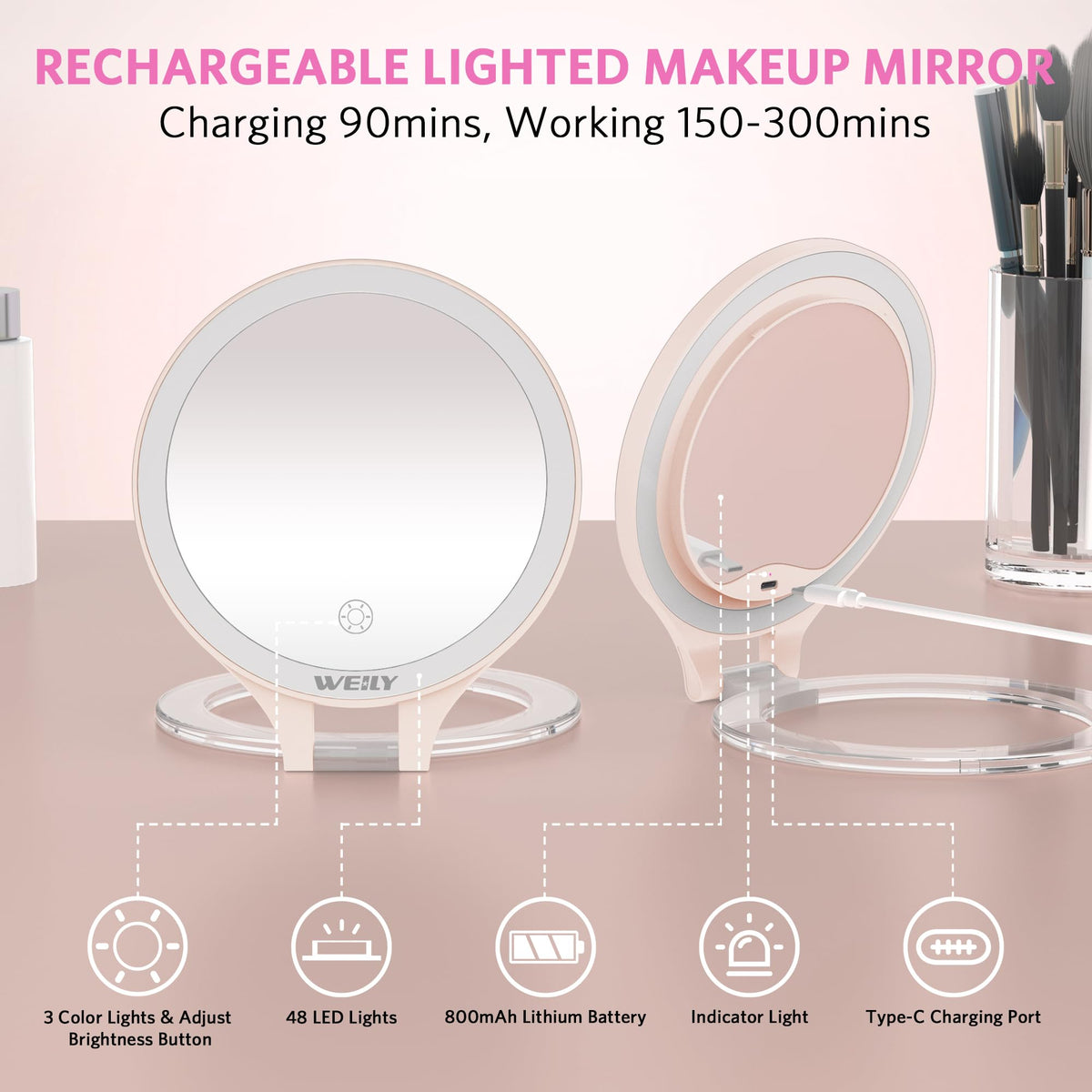 WEILY Makeup Mirror lit up with natural light