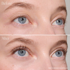 Well People Curling Mascara Black applied to lashes