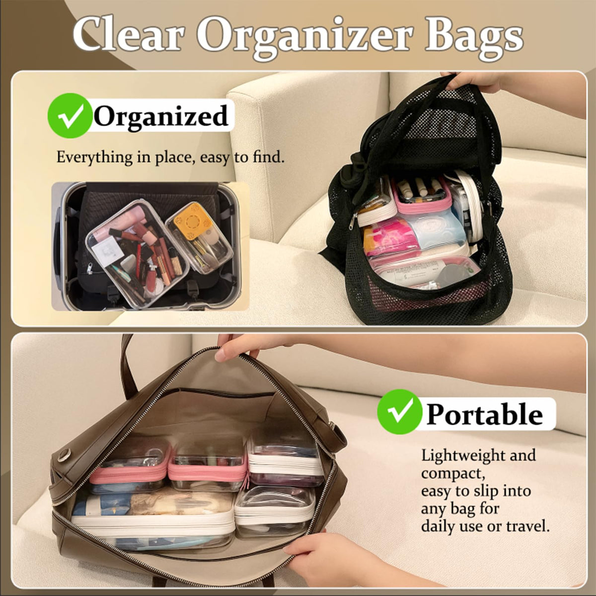 WELPIRT Clear Zipper Pouches open showing cosmetics