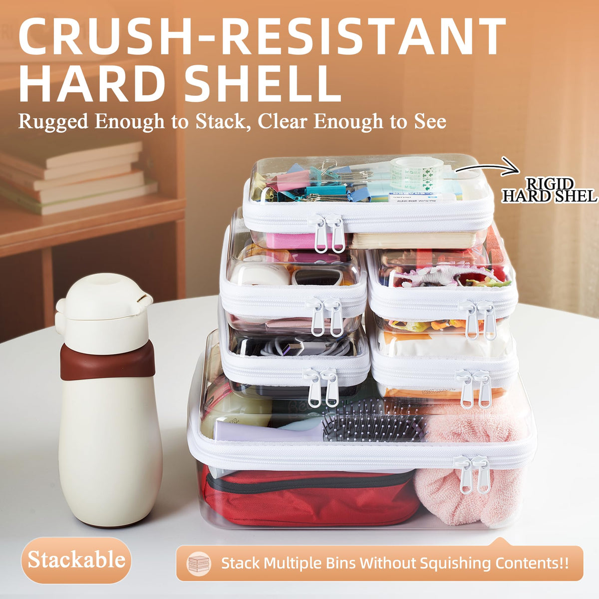 WELPIRT transparent hard shell zipper pouch showing contents