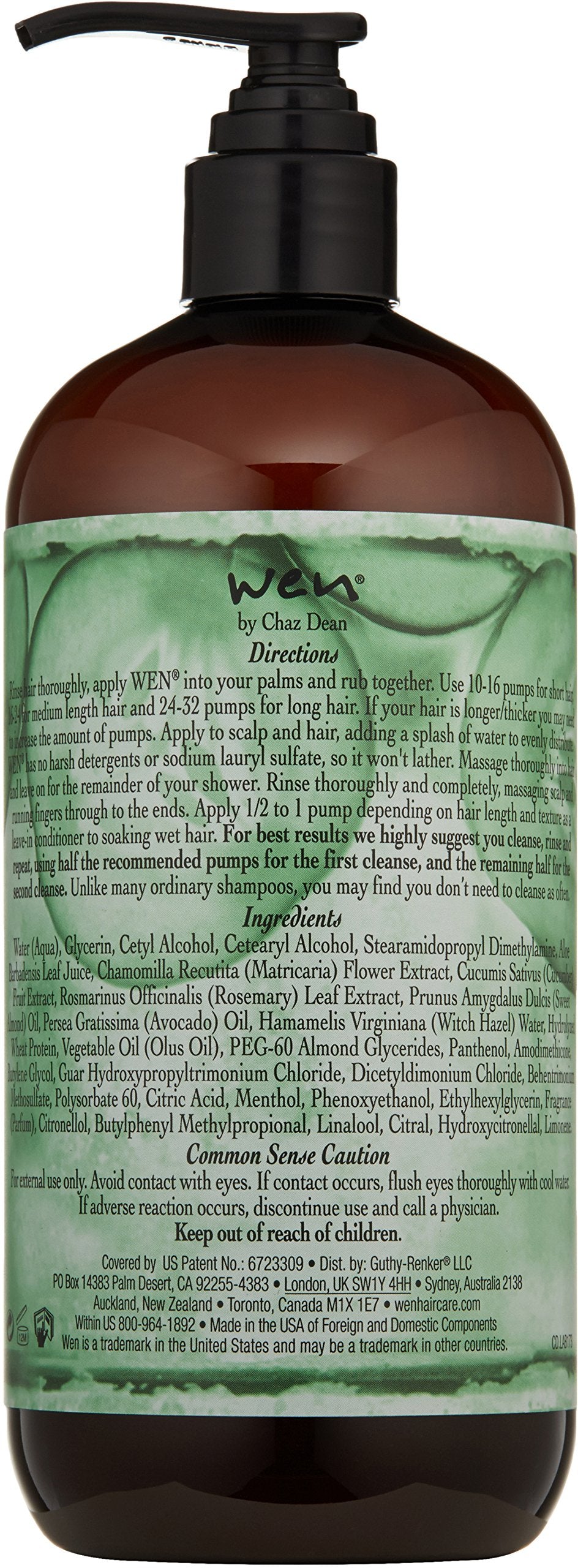 WEN by Chaz Dean Cucumber Aloe Cleansing Conditioner back view with ingredients