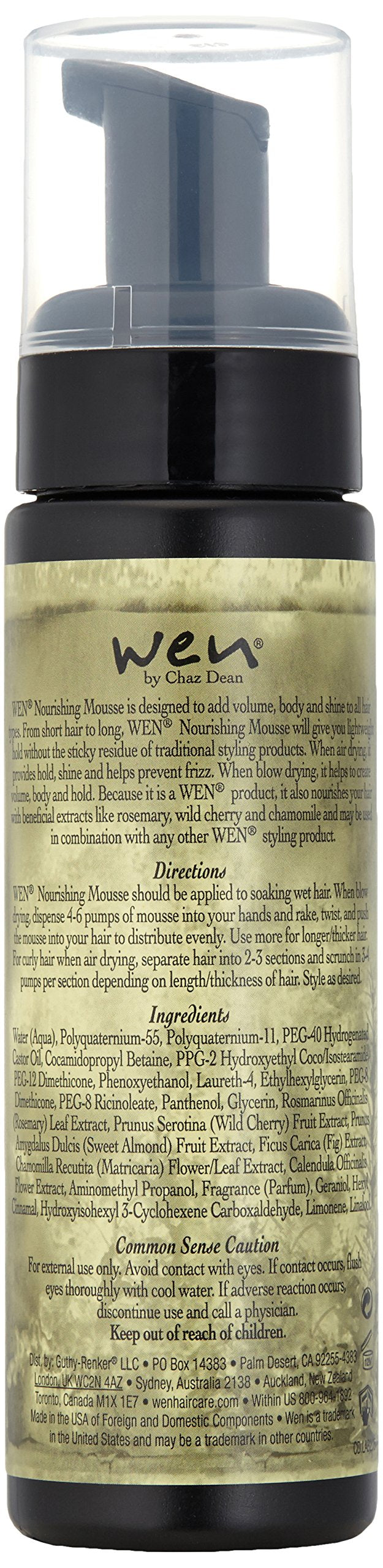 WEN by Chaz Dean Nourishing Mousse 7.5 Fl Oz back view with ingredients