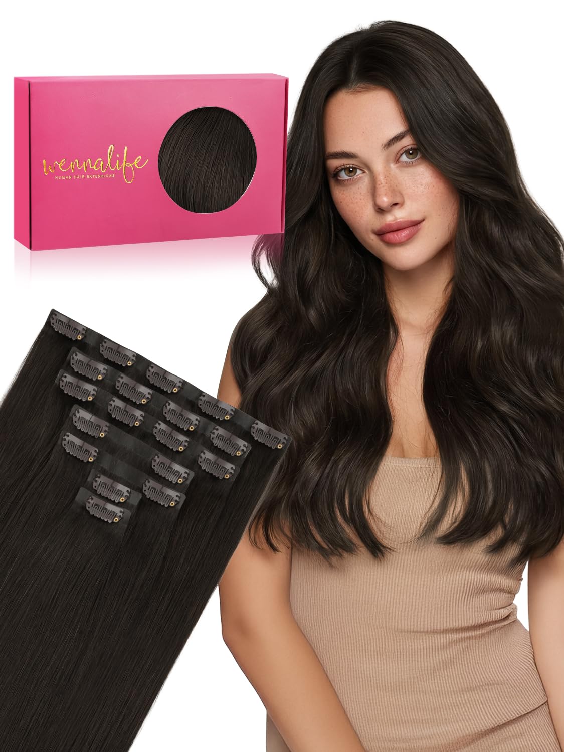 Wennalife 16 Inch Clip In Hair Extensions Dark Brown front view