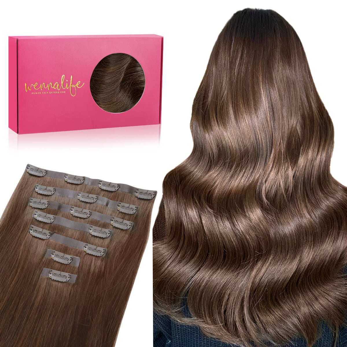 Wennalife 16 Inch Clip In Hair Extensions in Chocolate Brown front view