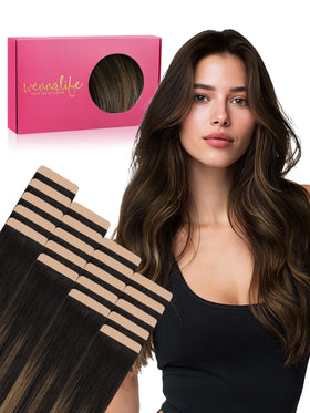 Wennalife 16 inch Tape in Hair Extensions Balayage Dark Brown front view