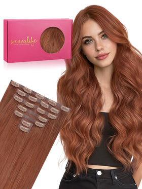 Wennalife 18 Inch Clip in Hair Extensions front view in Cinnamon Copper