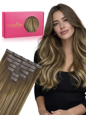 Wennalife 22 Inch Clip in Hair Extensions in Balayage Chocolate Brown to Caramel Blonde front view