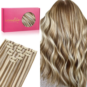 Wennalife 24 Inch Clip In Hair Extensions Ash Brown with Platinum Blonde Highlights front view