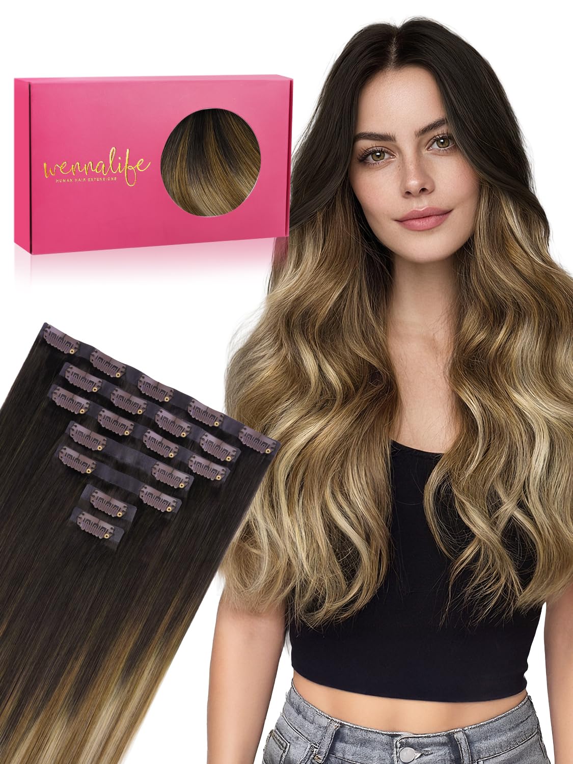 Wennalife 24 Inch Clip in Hair Extensions Dark Brown to Blonde front view