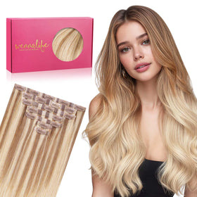 Wennalife 24-inch clip in hair extensions in Ash Beige Blonde front view