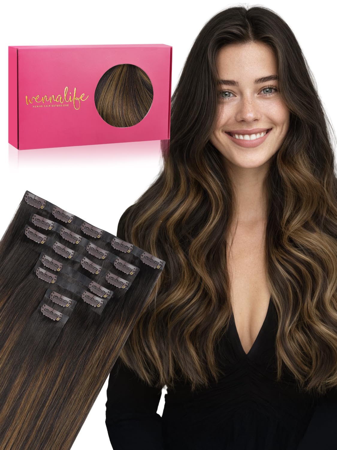 Wennalife 24 Inch Clip In Hair Extensions in Balayage Brown front view