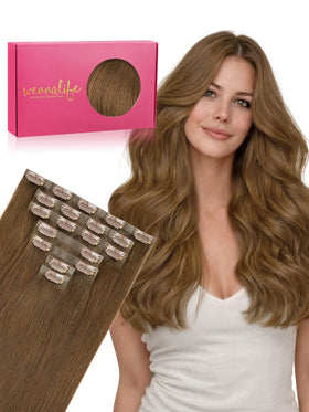 Wennalife 24-inch clip in hair extensions light auburn brown front view