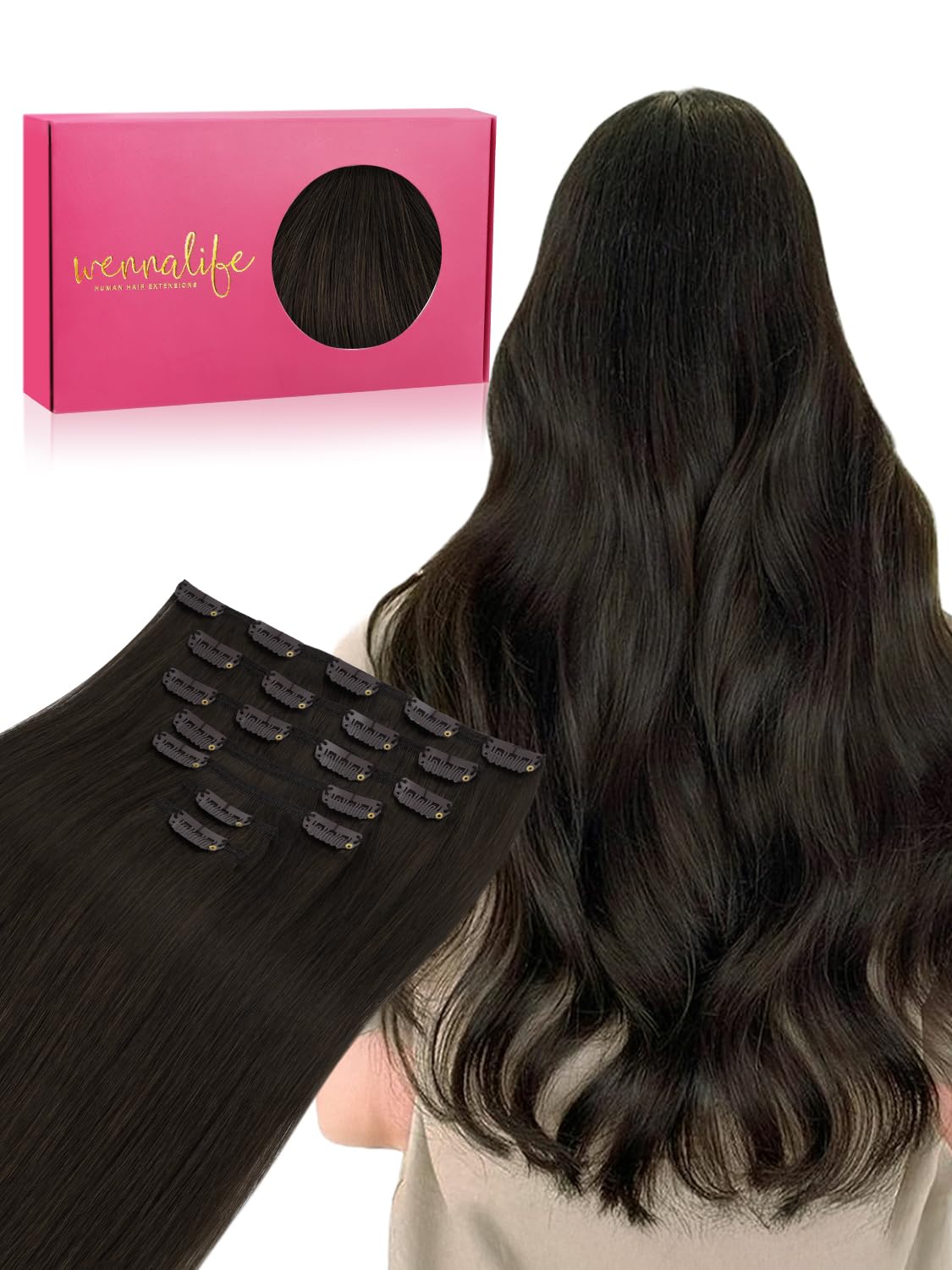Wennalife 24 Inch Dark Brown Clip In Hair Extensions front view