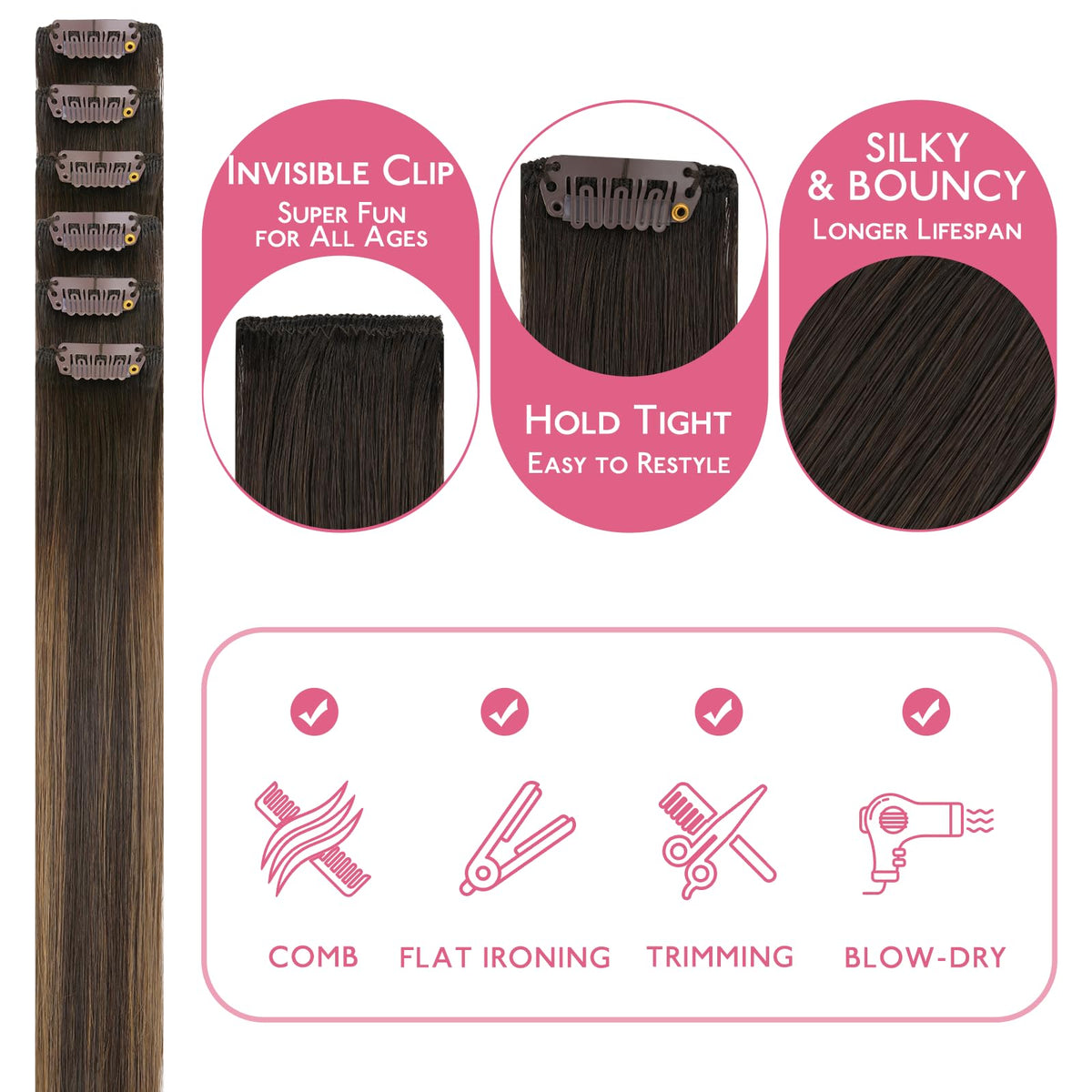 Wennalife Balayage Dark Brown Clip-in Hair Extensions close-up of clips