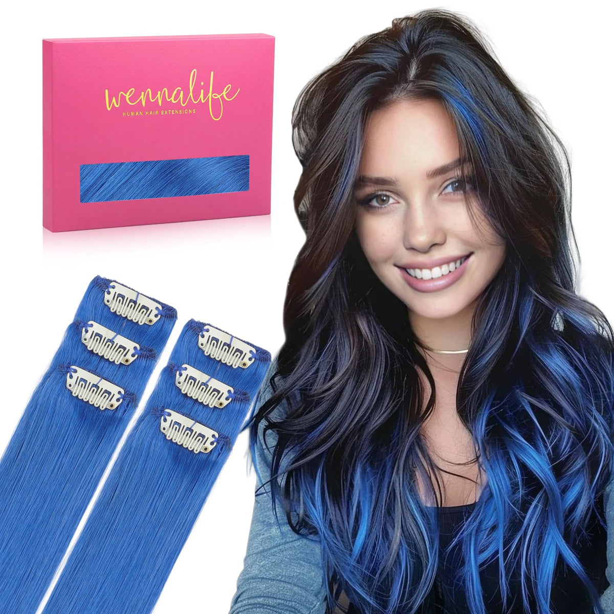 Wennalife Blue Clip-in Hair Extensions front view with packaging