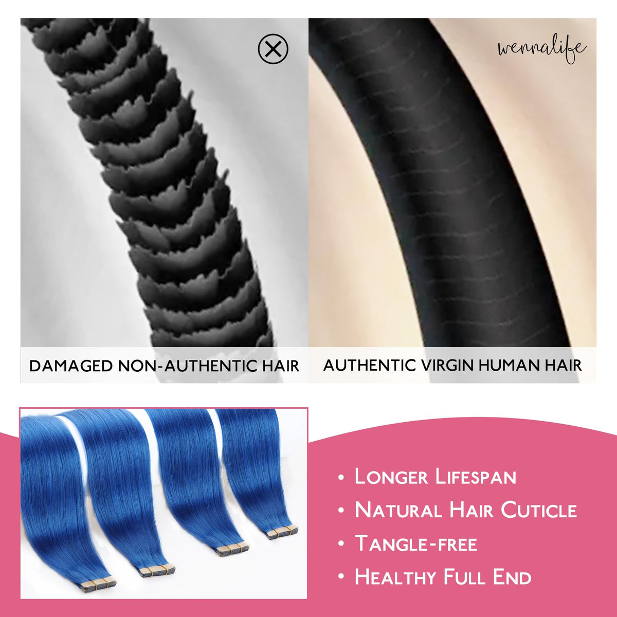 Wennalife blue tape in hair extensions displayed with natural hair