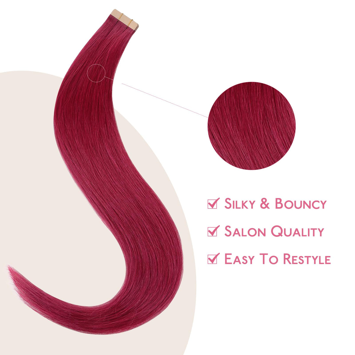 Wennalife Burgundy Red Tape in Hair Extensions styled on model