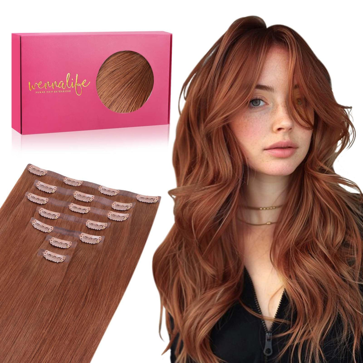 Wennalife Clip In Hair Extensions 12 Inch Cinnamon Copper front view