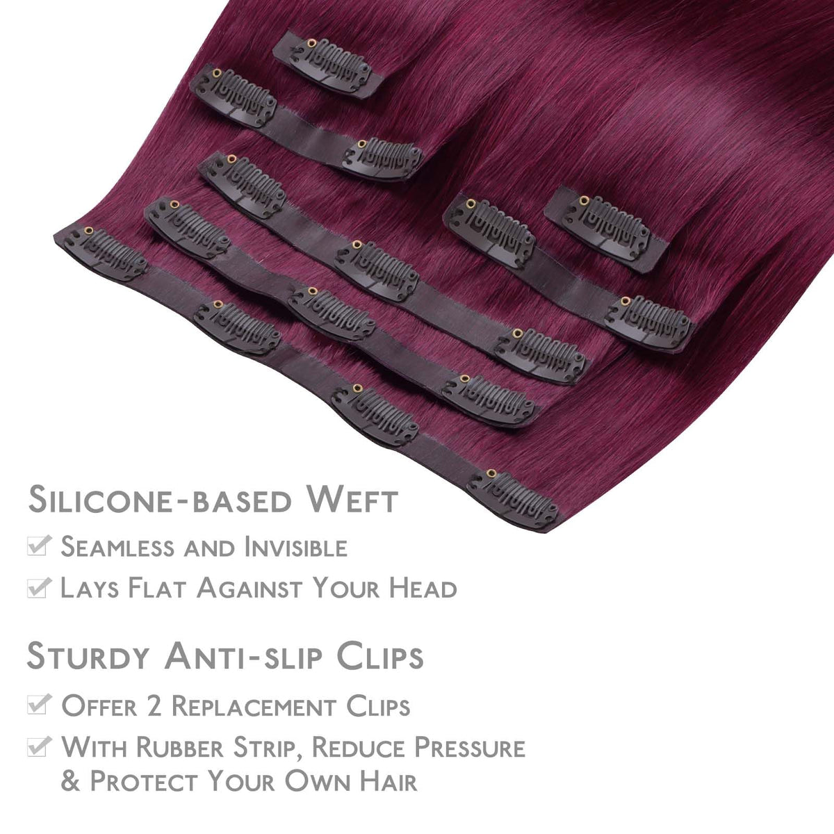 Wennalife Clip In Hair Extensions 12 Inch Light Burgundy close-up of clips