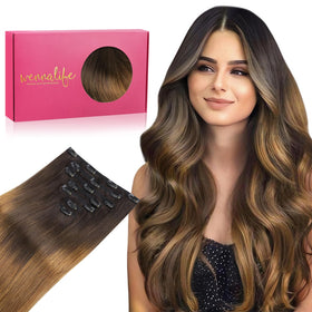 Wennalife Clip In Hair Extensions 12 Inch Ombre Dark Brown to Light Chestnut Brown front view