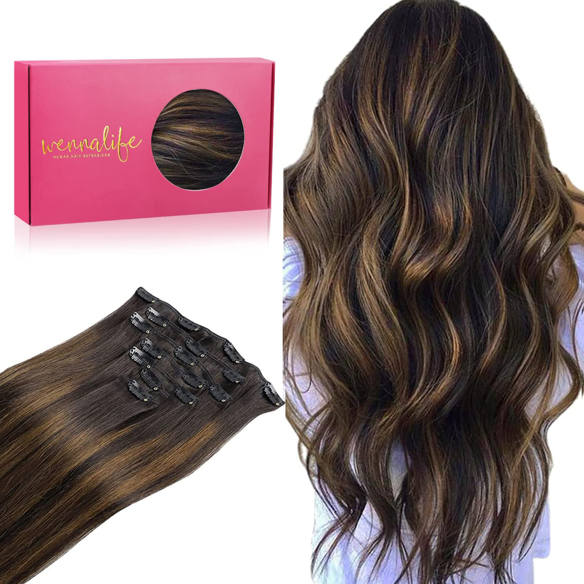 Wennalife Clip In Hair Extensions 14 Inch Balayage Dark Brown front view