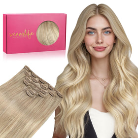Wennalife Clip In Hair Extensions 14 Inch balayage dirty blonde to white blonde front view
