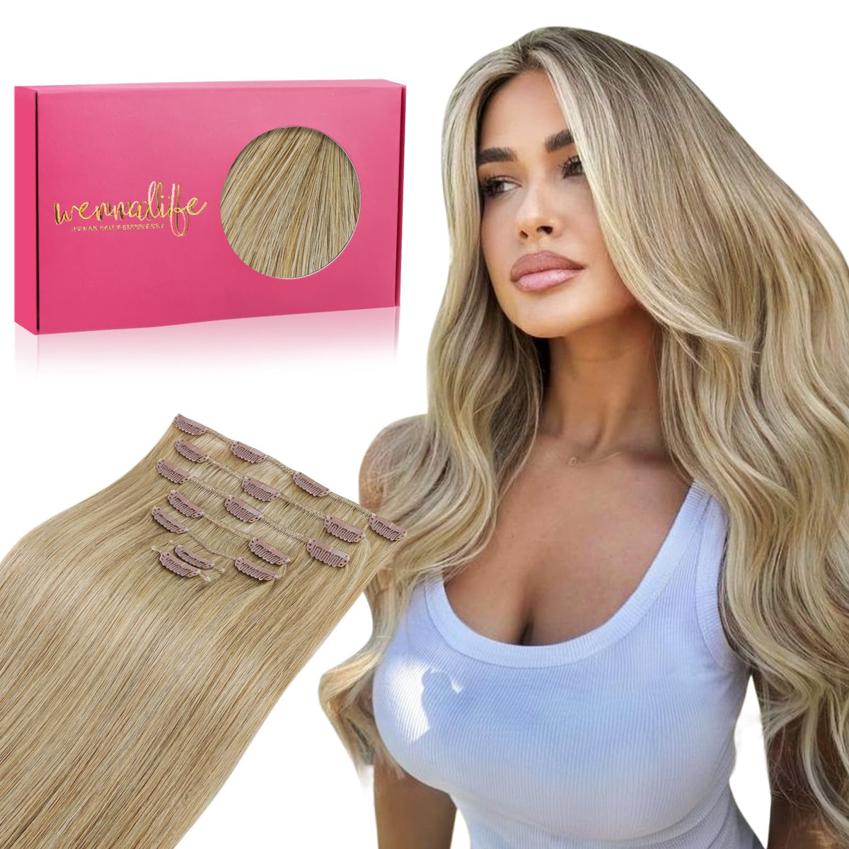 Wennalife Clip in Hair Extensions 14 Inch Dirty Blonde front view