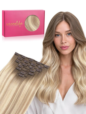 Wennalife Clip In Hair Extensions 14 Inch Light Brown to Platinum Blonde Ombre front view
