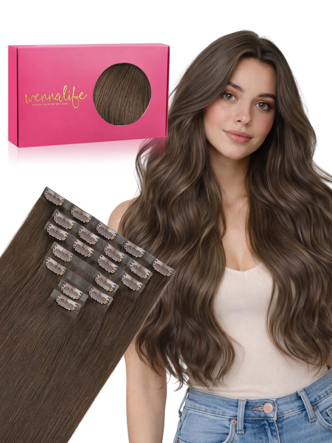 Wennalife Clip in Hair Extensions 14 Inch Muted Light Brown front view