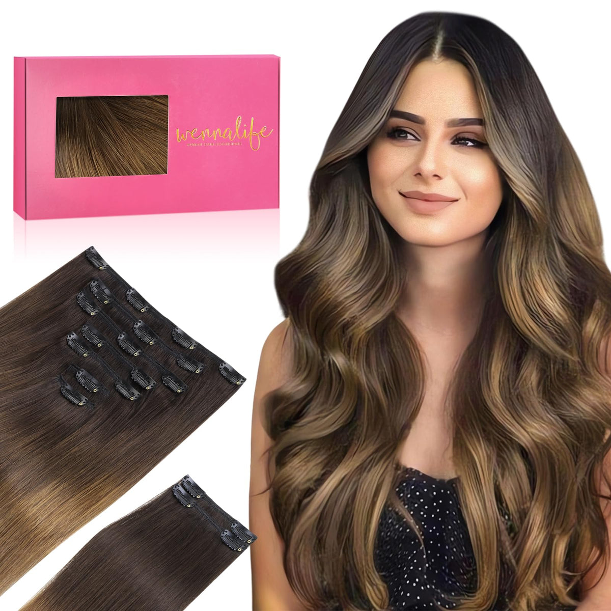 Wennalife Clip In Hair Extensions 14 Inch Ombre Dark Brown to Light Chestnut Brown front view