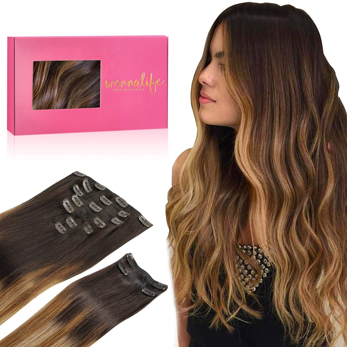 Wennalife Clip In Hair Extensions 150g 14 Inch dark brown to chestnut brown