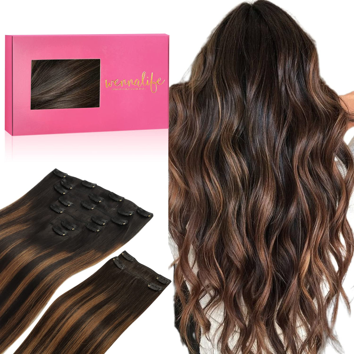 Wennalife Clip In Hair Extensions 150g 18 Inch Balayage Black to Brown front view