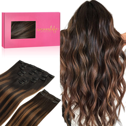 Wennalife Clip In Hair Extensions 150g 18 Inch Balayage Black to Brown front view