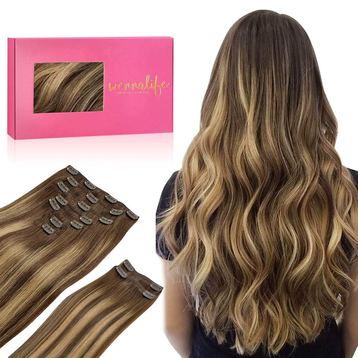 Wennalife Clip In Hair Extensions 150g 20 Inch Balayage Chocolate Brown to Honey Blonde