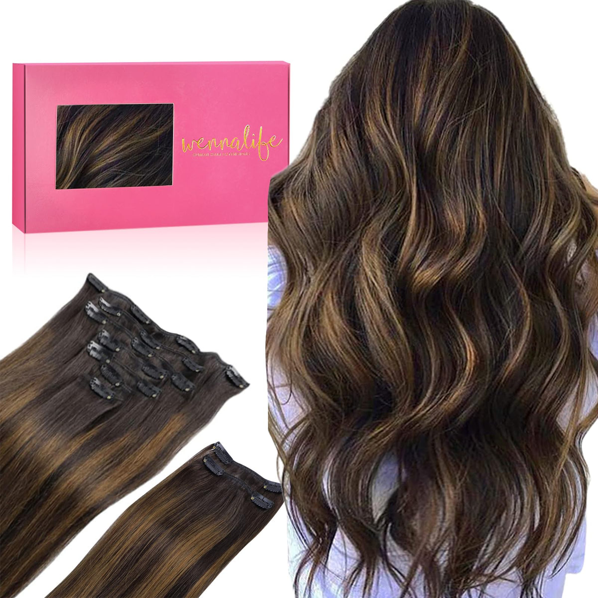 Wennalife Clip In Hair Extensions 150g 20 Inch Balayage Dark Brown to Chestnut Brown