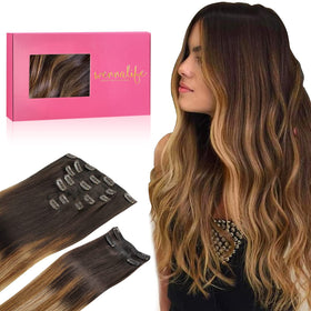 Wennalife Clip In Hair Extensions 150g 20 Inch dark brown to blonde highlights front view