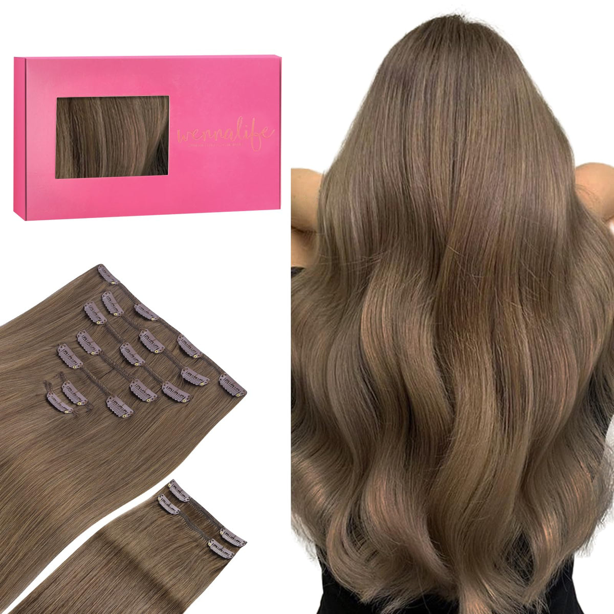 Wennalife Clip in Hair Extensions 150g 20 Inch Muted Light Brown front view