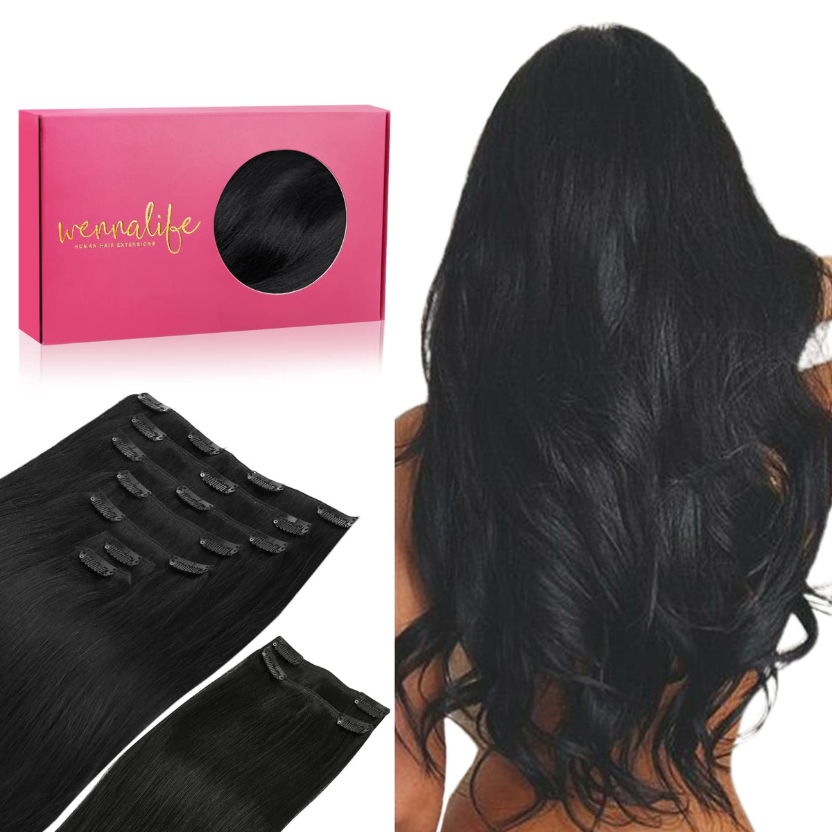 Wennalife Clip In Hair Extensions 150g Jet Black front view