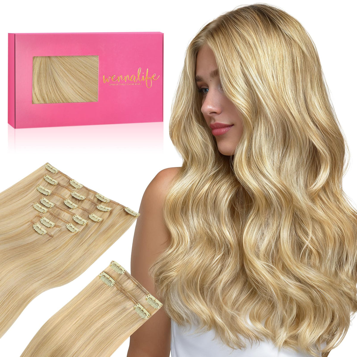 Wennalife Clip In Hair Extensions 150g Light Blonde front view