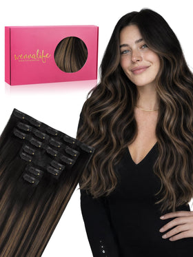 Wennalife Clip in Hair Extensions 16 Inch Balayage Natural Black to Chestnut Brown front view