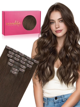 Wennalife Clip in Hair Extensions 16 Inch Chocolate Brown front view