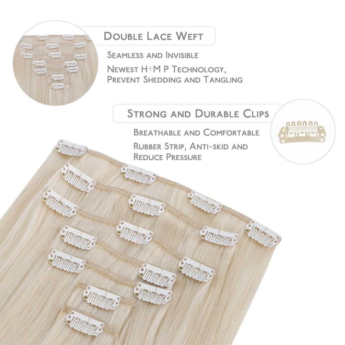 Wennalife Clip in Hair Extensions 16 Inch close-up of clips