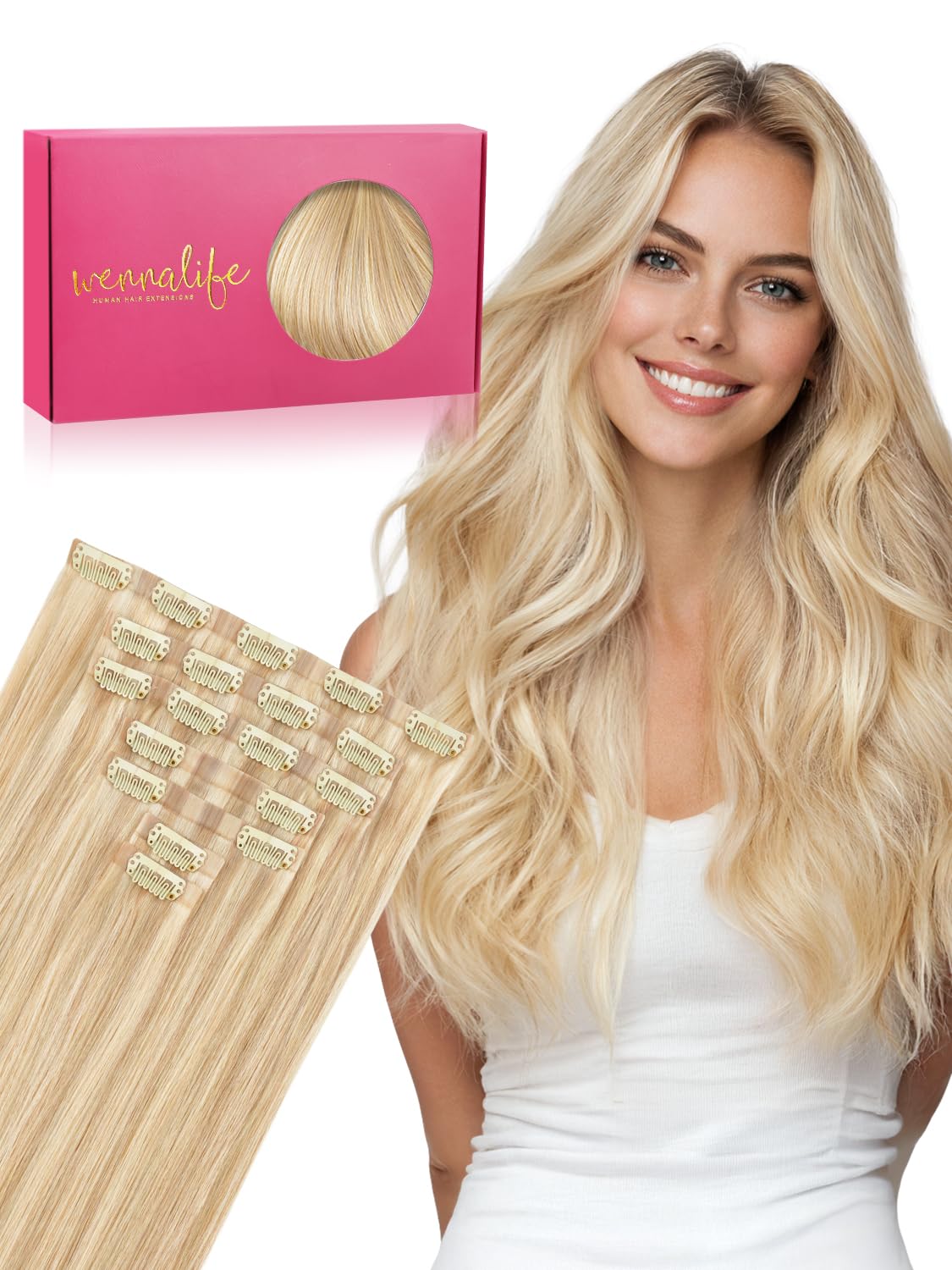 Wennalife Clip in Hair Extensions 16 Inch Dirty Blonde front view