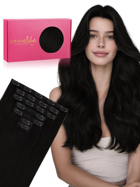 Wennalife Clip in Hair Extensions 16 Inch Jet Black front view