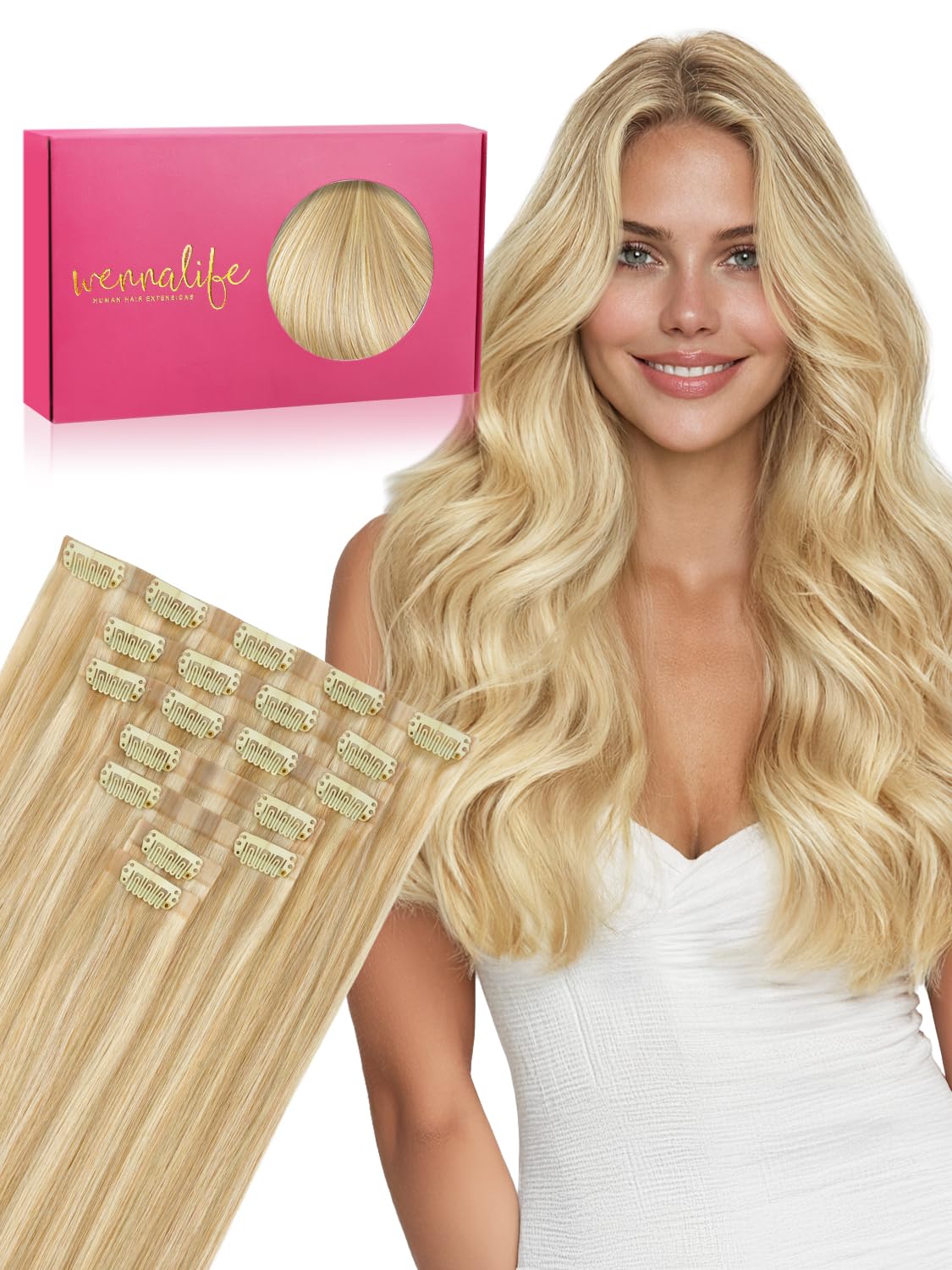 Wennalife Clip in Hair Extensions 16 Inch Light Blonde front view
